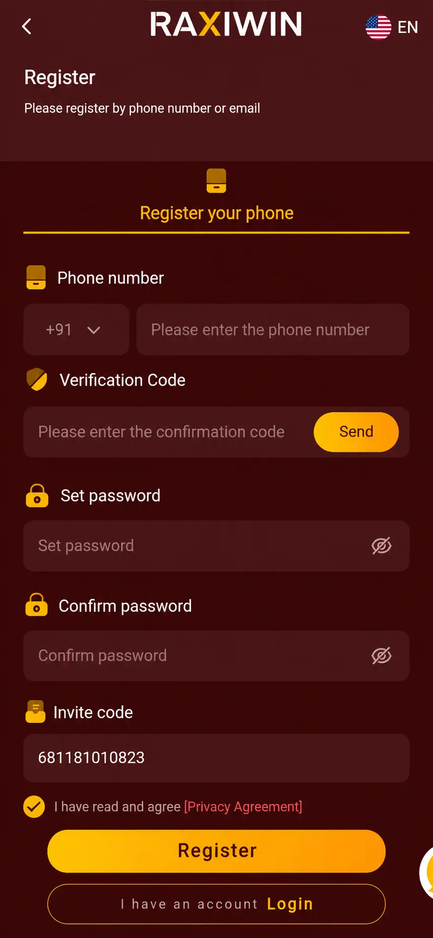 Raxiwin Register page displaying the mobile number registration form, verification code, password setup, invite code field, and Register button.